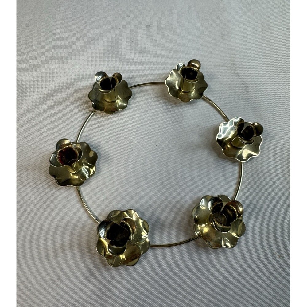 Vintage Brass 6 Light Candle Ring Centerpiece Floral Tulip Cups Chime Taper 6.5"